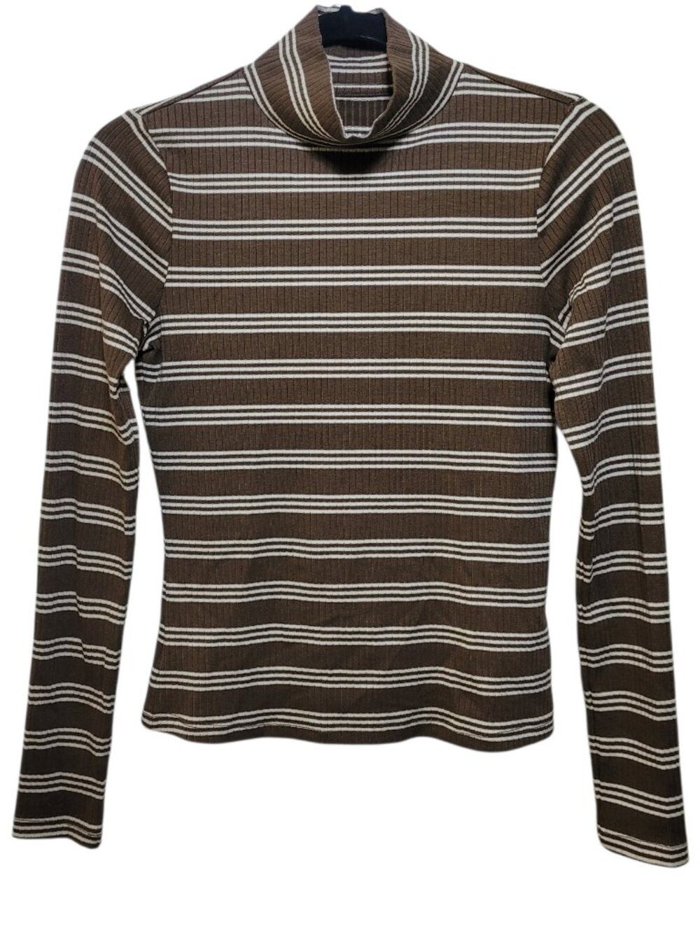 Maeve Anthropologie Striped Ribbed Turtleneck Top Brown Small Quiet Luxury